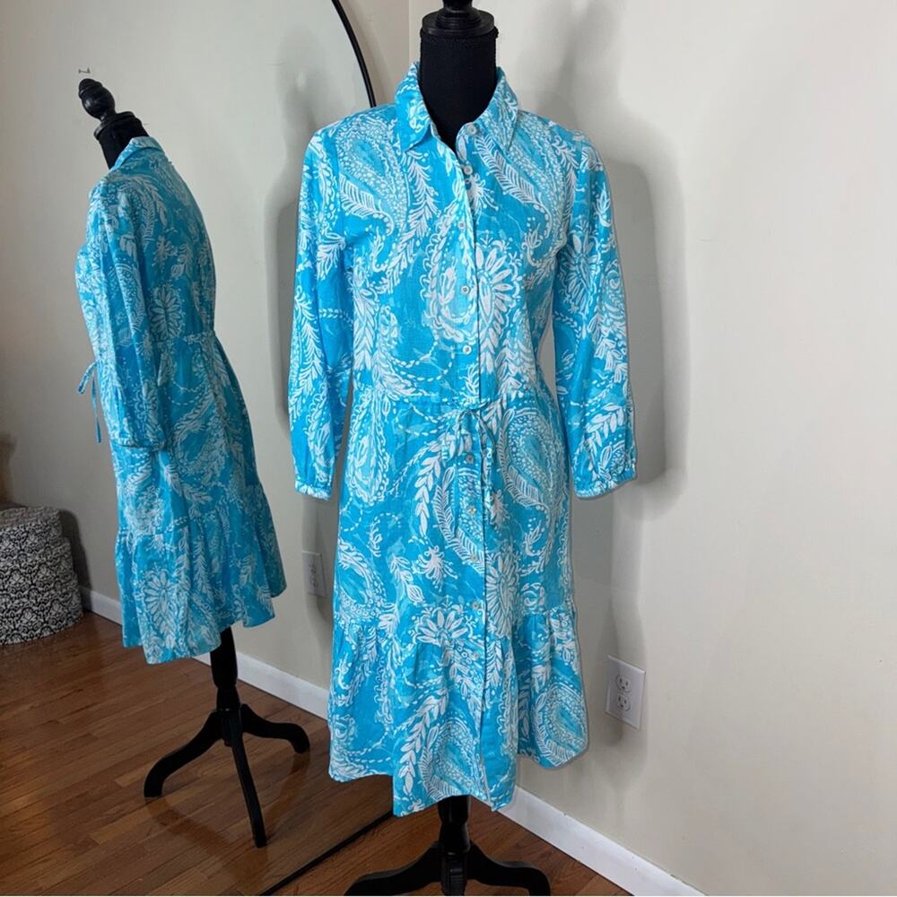 Talbots Brushed Paisley Linen Shirt Dress Blue White Size 4p